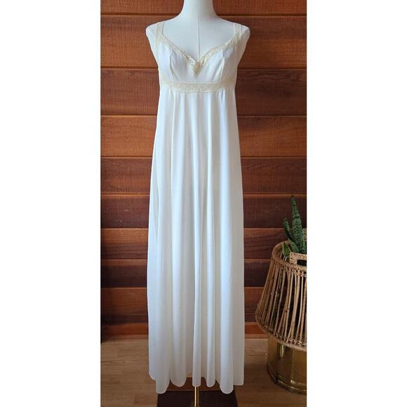 VTG Miss Elaine Ivory Lace Trim Sheer Maxi Dress M Coquette Bridal Romantic USA - Picture 1 of 10